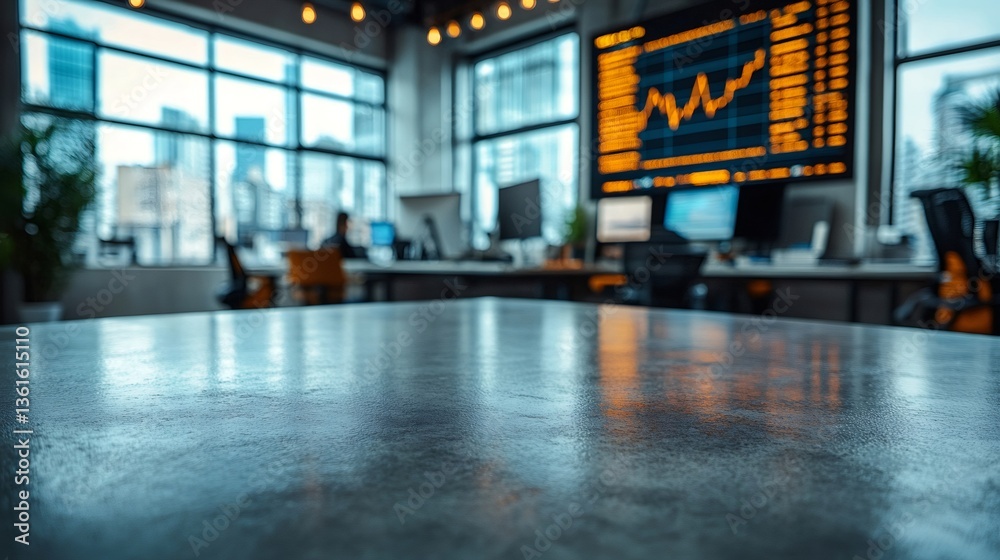 Poster Empty desk in a modern office with stock market data displayed on a large screen