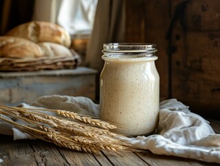 Rustic sourdough starter with wheat and bread
