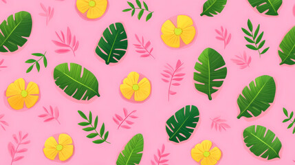 Colorful pattern with yellow flowers and green leaves