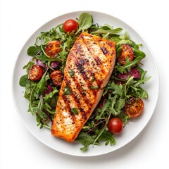 Isolated image of a plate with grilled salmon and salad on a transparent background