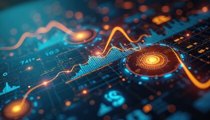 Abstract data visualization of financial performance. Charts, graphs, numerical data displayed with lines, dots. Digital display shows investment analysis, market trends. Financial technology concept.