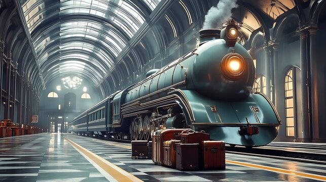 A retro-futuristic train station with Art Deco architecture, steam-powered locomotives, vintage luggage piles, and a polished marble floor, evoking nostalgia and travel in a stylish, timeless design.