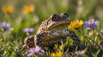Meadow Adventure: Fowler's Toad Leaping Among Wildflowers with Sunlight Through the Grass