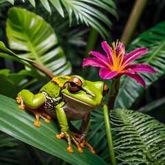 Cuban Tree Frog Leaping Between Leaves, Surrounded by Colorful Flowers and Lush Ferns