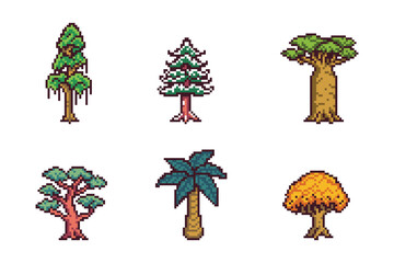 Fototapeta premium Pixel Art Trees Isolated Set Collection