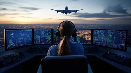 An air traffic controller monitors multiple screens as a plane approaches for landing, showcasing the intense focus and technology in air traffic management.