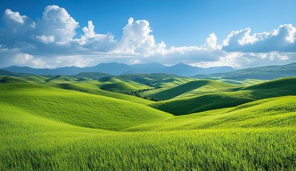 Obraz premium Panoramic Landscape of Green Grassy Hills, Blue Sky, and Central Green Tree, Award-Winning Photography Celebrating Natural Beauty in Photographer's Signature Style