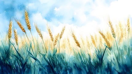 Wheat field watercolor painting, sunny sky, summer