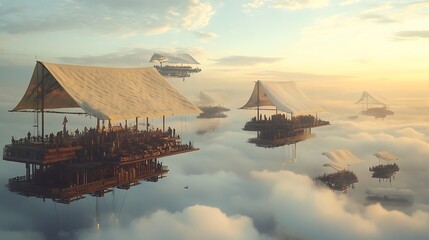A floating marketplace above clouds with airships docking at wooden platforms and patterned fabric awnings, offering a whimsical, adventurous scene perfect for travel and fantasy enthusiasts.