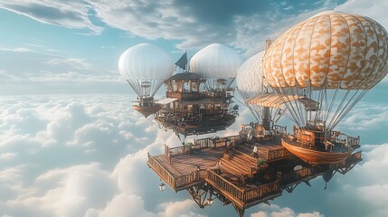 A floating marketplace above clouds with airships docking at wooden platforms and patterned fabric awnings, offering a whimsical, adventurous scene perfect for travel and fantasy enthusiasts.