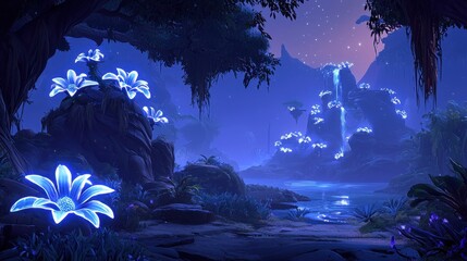 Fototapeta premium A serene, mystical landscape with glowing blue flowers, a waterfall, and lush greenery under a starry sky, evoking a tranquil, dreamlike atmosphere.