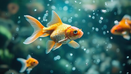 Fototapeta premium Captivating Scene of Goldfish Swimming in Aquarium, Bodies Enveloped in Bubbles, Darting Through Water with Blurred Background for Intense Focus, Exuding Beauty and Vitality