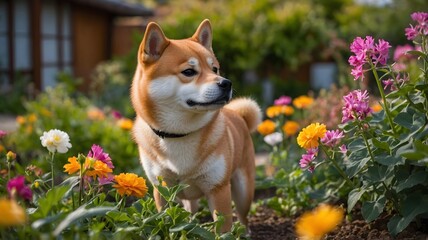 Curious Shiba Inu Exploring Colorful Garden, Sniffing Flowers with Gleaming Coat