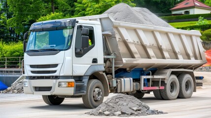 A white dump truck filled with gravel sits on a construction site
