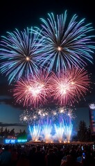 Fireworks over crowd at night