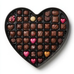 A heart-shaped box of chocolates for Valentine's Day, set against a clear background