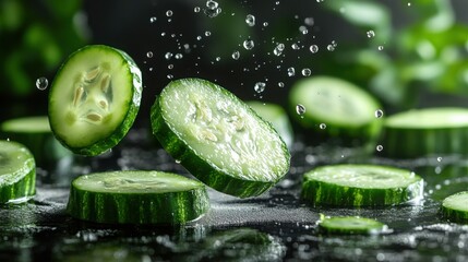 Fresh Cucumber Slices Splashing Water Vibrant Green Healthy Food Photography