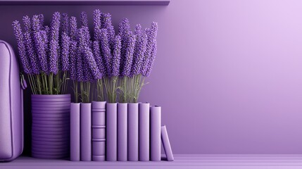 Minimalist Aesthetic of Purple Lavender with Backpack and Books in Calm Setting