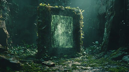 Fototapeta premium Post-human jungle ruins with AI cores overgrown with vines, broken holograms flickering, and a moss-covered stone slab, blending nature and technology in a haunting, futuristic decay.
