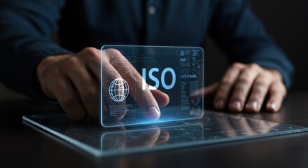 A male working professional interacts with a transparent ISO digital display, emphasizing technology, certification, and innovation in a modern office setting.