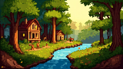 Obraz premium Cozy Riverside Cabin in a Vibrant Pixel Art Forest