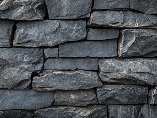 Close-up view of a dark gray stone wall.  Rough, textured blocks tightly fitted together