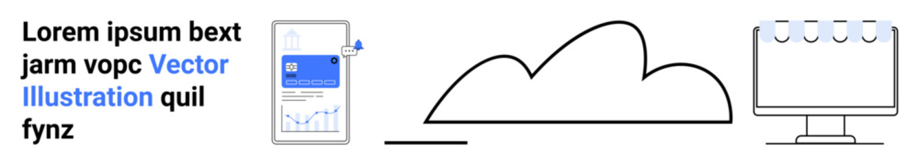 Smartphone screen with analytics app, cloud shape representing storage, desktop monitor with a digital planner. Ideal for technology, data analysis, cloud computing, app development, business