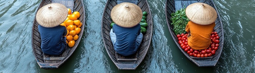 Obraz premium Three boats filled with colorful produce glide through the water, showcasing a vibrant scene of local farmers at work in a tranquil setting.