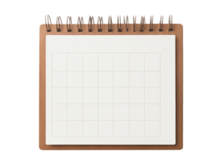 Blank calendar notebook with spiral binding on wooden base on a transparent background, cut out