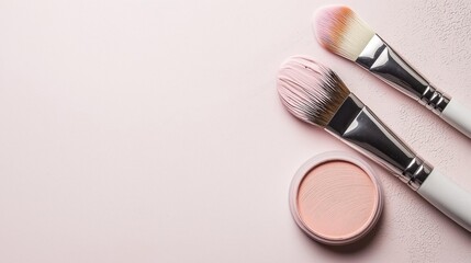 Two makeup brushes with white handles and pink bristles on a light pink background. the brushes are placed side by side, with one brush on the left and the other on the right.