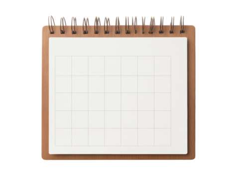 Blank calendar notebook with spiral binding on wooden base on a transparent background, cut out