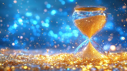 A shimmering hourglass filled with golden sand, set against a vibrant blue background with sparkling bokeh effects.