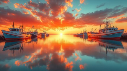 A vibrant orange sunset illuminating fishing boats at calm waters