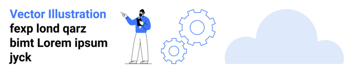 Presenter holding clipboard and pointing, gears signifying process efficiency, and cloud symbolizing online solutions. Ideal for teamwork, strategy, planning, innovation, cloud computing, workflow