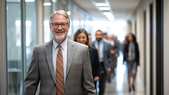 A senior executive moving through a contemporary corporate hallway, employees lining up, exchanging smiles and greetings, glass partitions, ambient lighting highlighting professional energy,