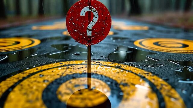 Colorful target markers on a wet pavement in a forest setting