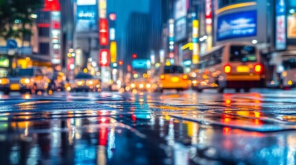 Obraz premium A futuristic Tokyo street with drone traffic and neon reflections in rainy asphalt, blurred building tops, offering a vibrant, cyberpunk cityscape perfect for travel and urban exploration.