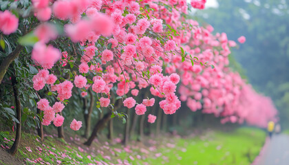 Obraz premium AI generator image of serene garden row of neat and huge curved light pink wedge begonia trees on the steep slope , the wedge begonia trees are full of densely packed large and light pink wedge flower