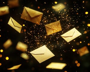 Floating golden envelopes shimmer amidst a backdrop of sparkling particles, creating a magical and festive atmosphere.