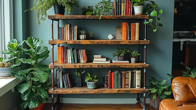 Cozy living room with rustic bookshelf filled with books and plants