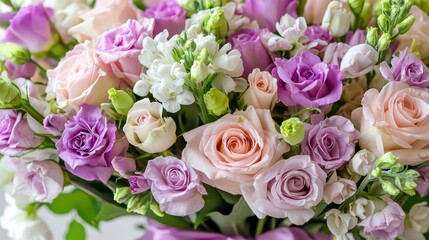Obraz premium A vibrant bouquet featuring pink and purple roses alongside delicate white blooms, creating a lush, colorful floral arrangement.