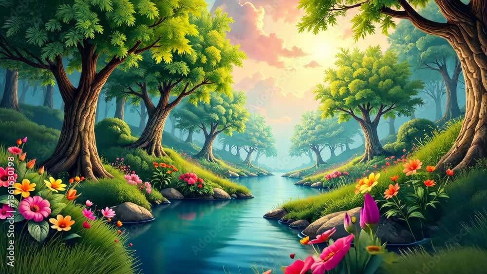Poster a river with a green forest on either side. the river is surrounded by rocks and has a lot of flower