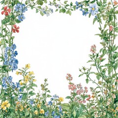 Naklejka premium A decorative floral border featuring colorful flowers in blue, yellow, red, and pink, framing an empty white center.