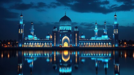 Fototapeta premium Serene blue night at Islamic mosque with radiant reflection in still water