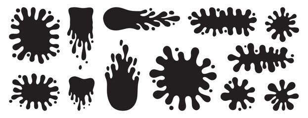 Round ink splatter flat collection. Paint splash shapes black set. decorative shapes liquids. Grunge splashes and in groovy cartoon style © Yanka