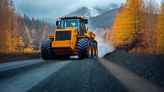 Heavy machinery grading a gravel road through a vibrant autumn landscape