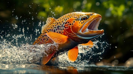 Fototapeta premium Spectacular Brown Trout Leaping from Water: A Stunning Wildlife Photo