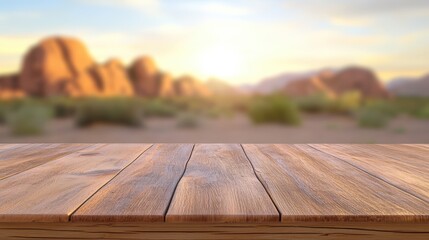 A wooden tabletop in the foreground with a soft-focus background of rocky formations under a warm, glowing sunset.