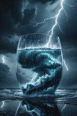 Storm with lightning and thunderclouds in a glass of water