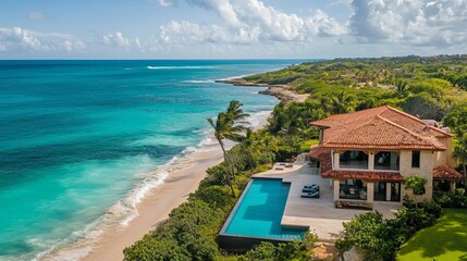 Obraz premium A luxury beachfront villa with an infinity pool overlooking the ocean. background